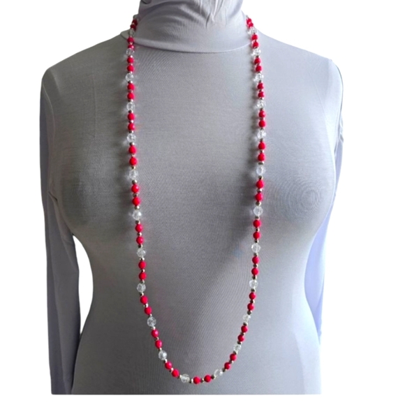 Long Beaded Pink Silver and Clear Necklace 48" Handmade - Picture 2 of 4